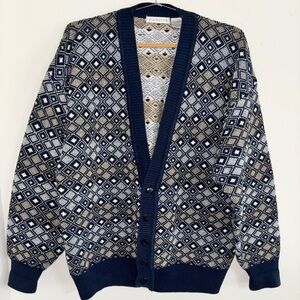 Vtg Clairborne Men Chunky Ribbed Cardigan Sweater Navy Blue large preppy grandpa
